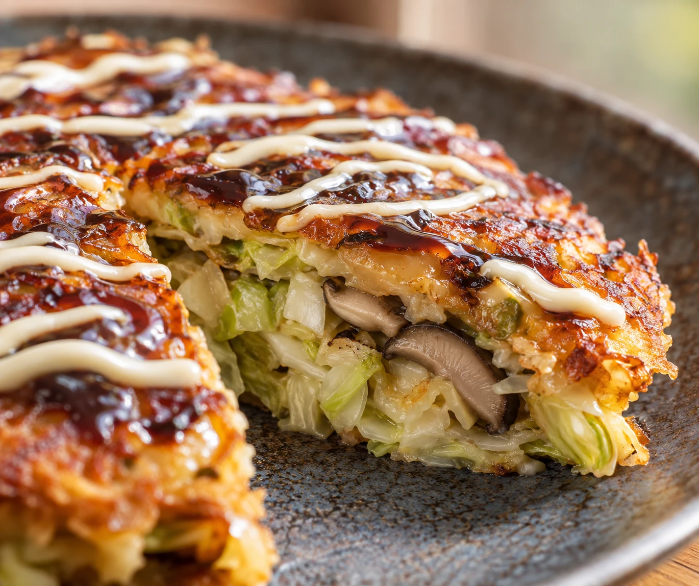 A cut okonomiyaki wedge reveals tender cabbage and mushrooms beneath its deeply golden crisp crust.