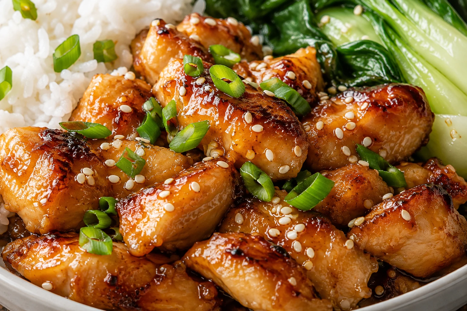 Orange glaze clings to browned chicken with sesame seeds and fresh scallion.