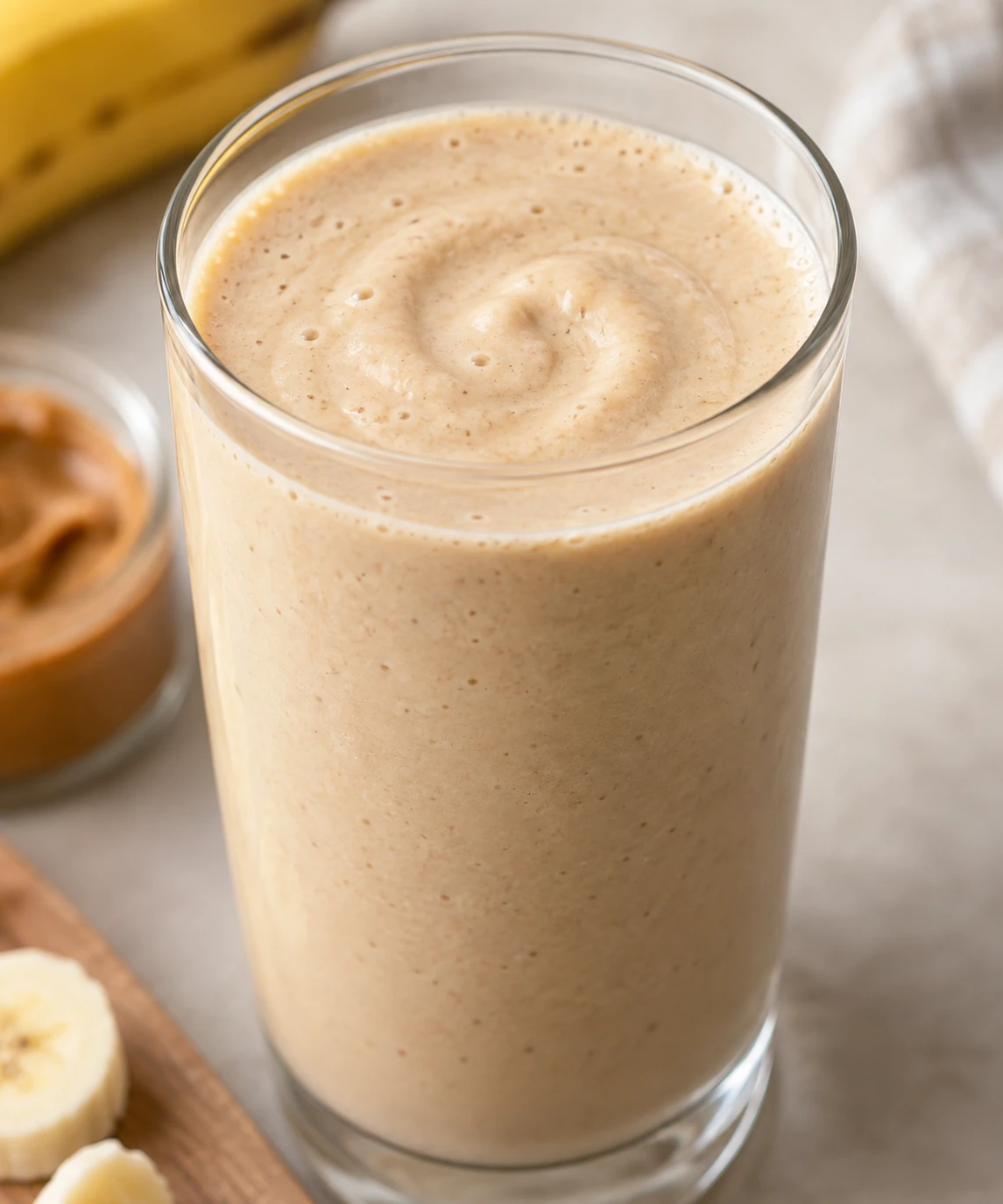 A close view of the smoothie shows a uniform creamy texture that is thick yet pourable.