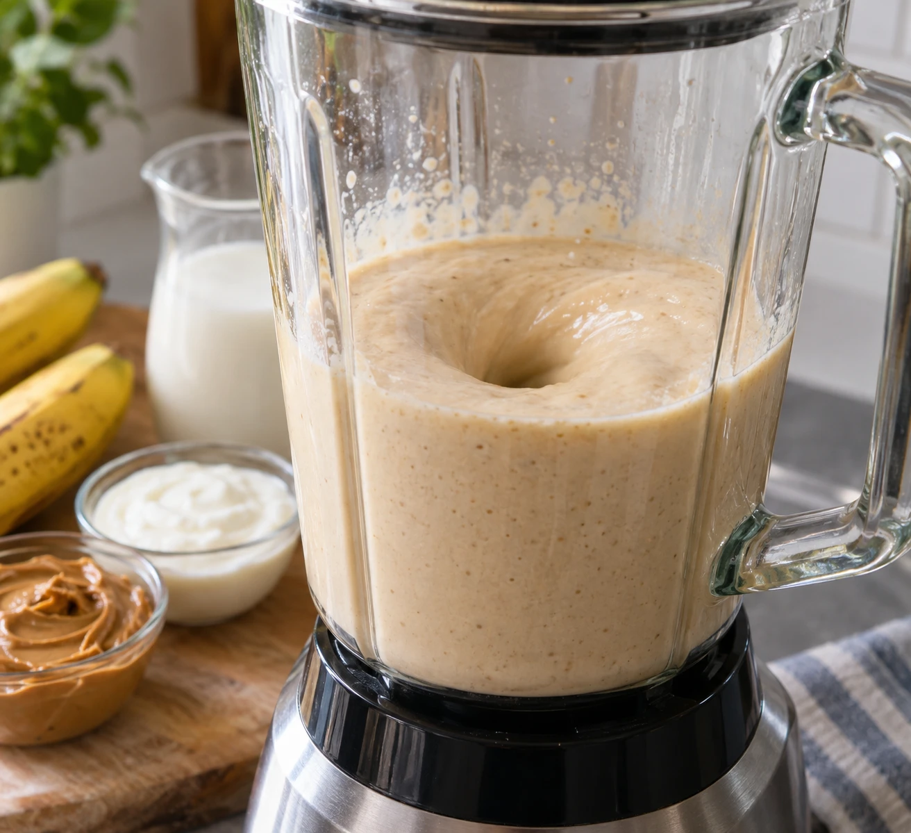 Banana, milk, yogurt, and peanut butter blend into a smooth base inside a standard blender jar.