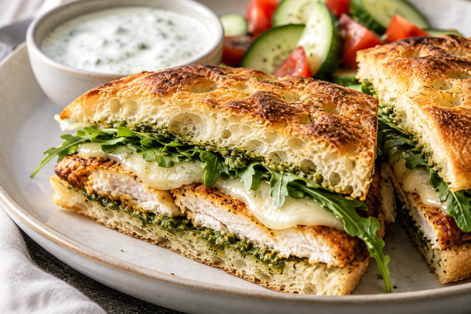A focaccia sandwich reveals a light pesto layer, arugula, chicken, and melted provolone.