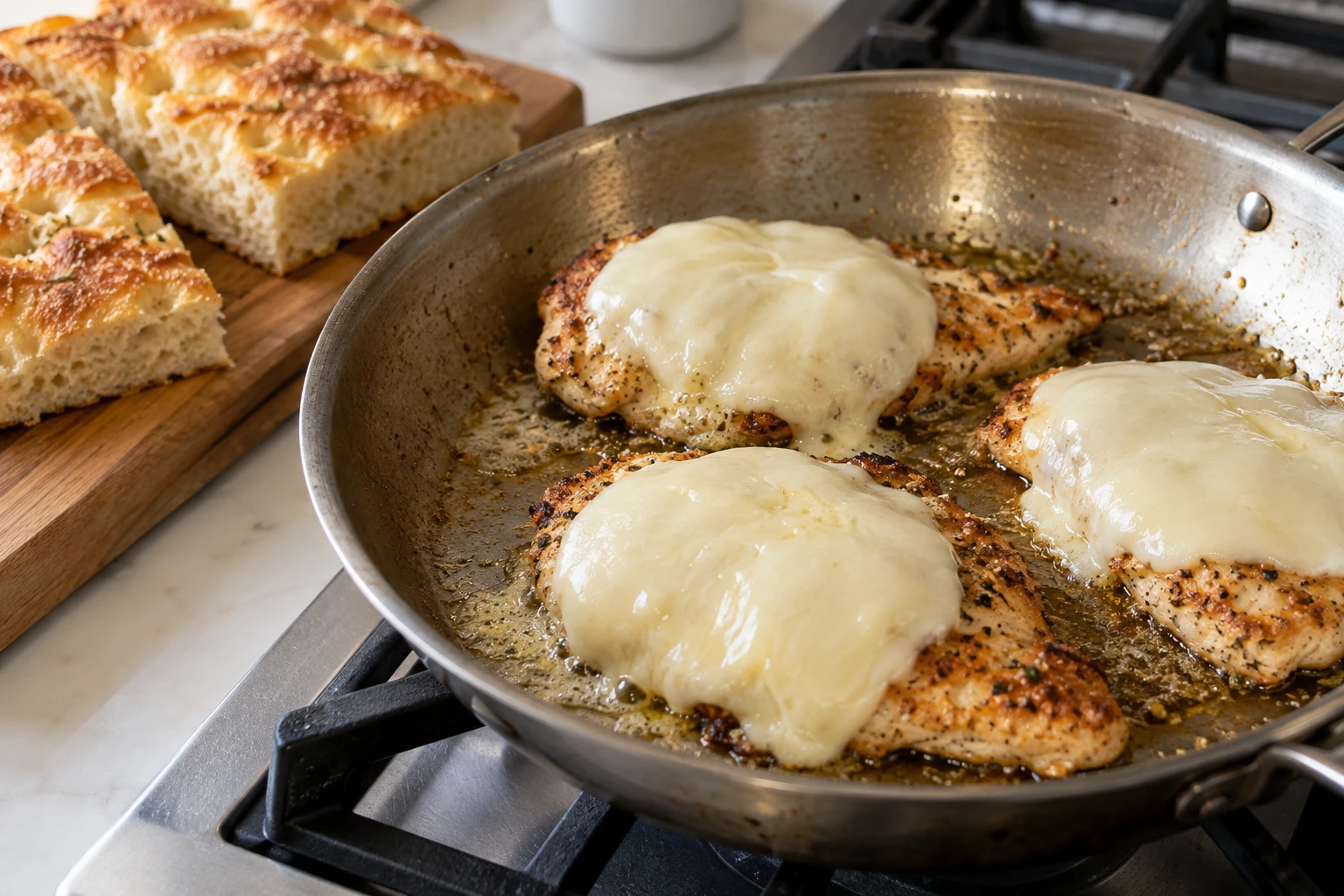 Chicken cutlets sear in a skillet as provolone melts and focaccia waits to be toasted.