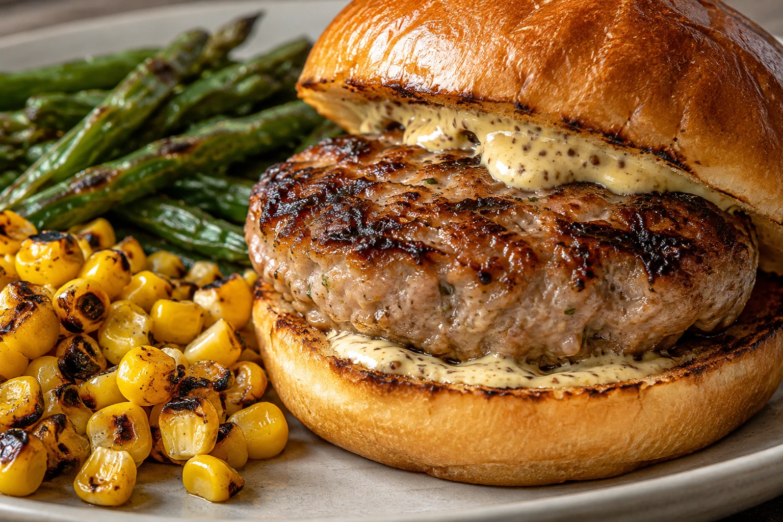 A browned pork patty with tangy sauce sits beside charred corn and crisp green beans.