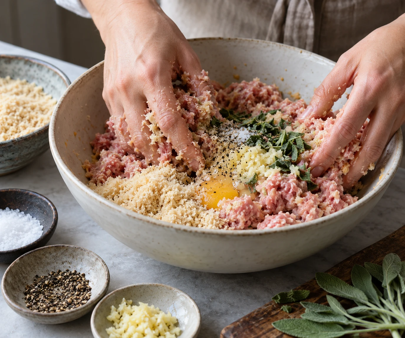 Ground pork is mixed gently with sage, garlic, breadcrumbs, egg, and pepper.