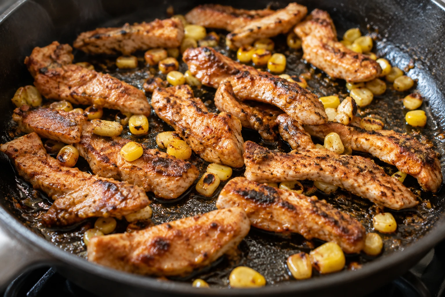 Seasoned pork strips brown in a skillet before joining corn and cheese for quesadillas.