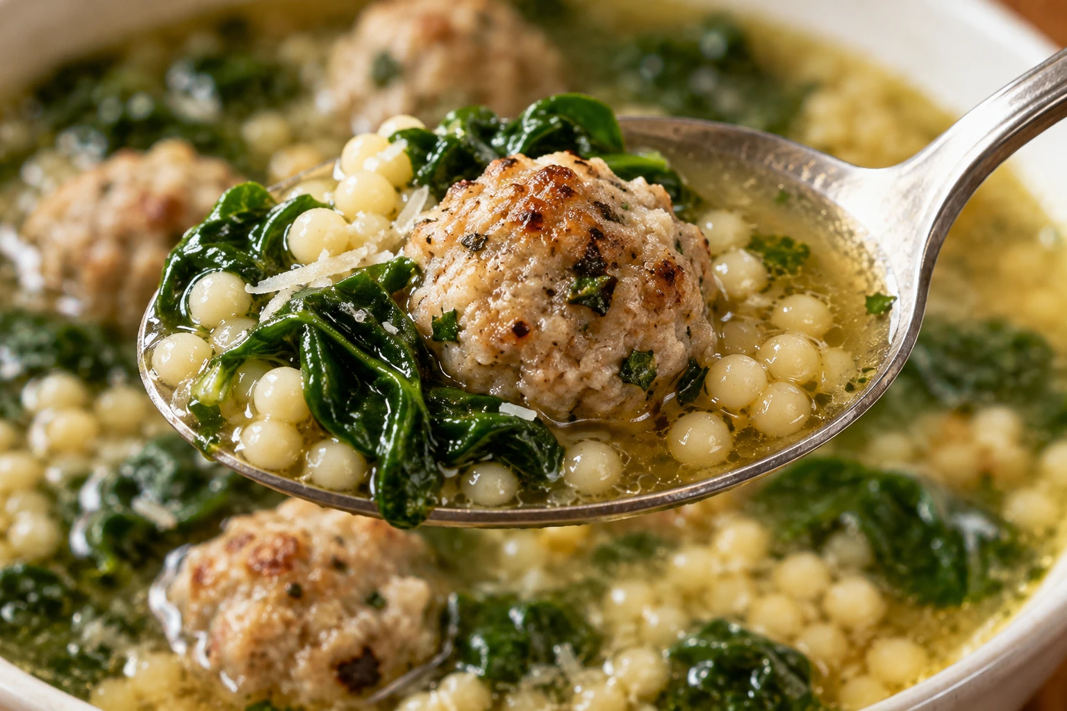 A spoonful shows tender pork meatballs and tiny pasta among bright spinach in clear broth.