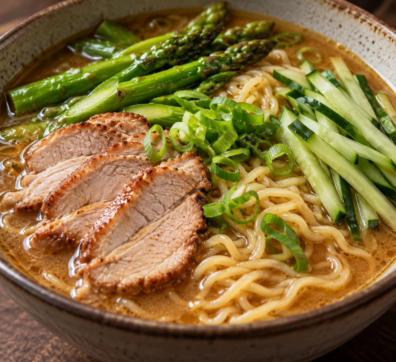 Tender pork and noodles sit in miso broth beneath crisp asparagus and cucumber.