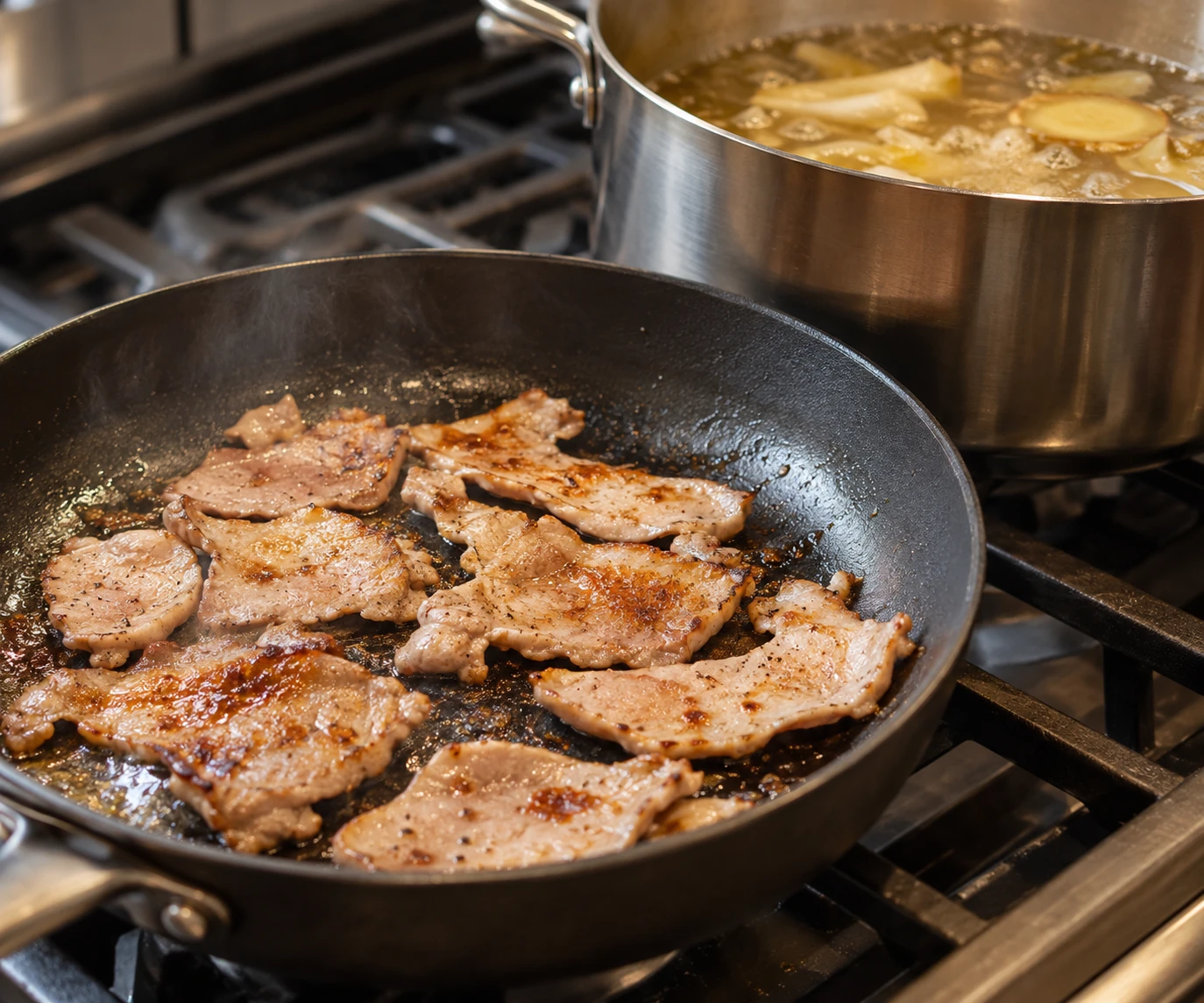 Thin seasoned pork slices sear in a skillet beside a pot of aromatic broth.