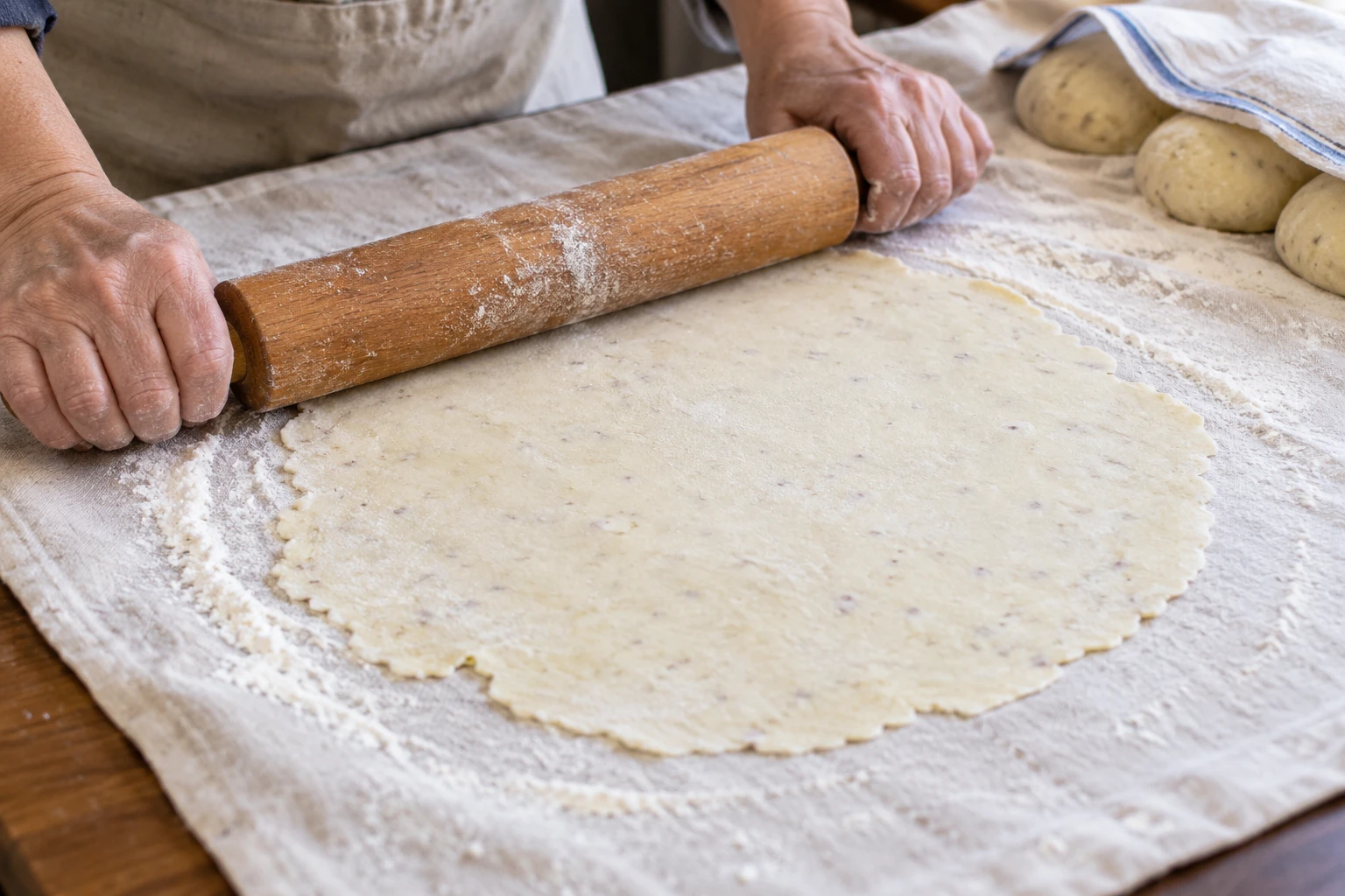 A rolling pin flattens a cool potato lefse dough portion on a lightly floured pastry cloth.