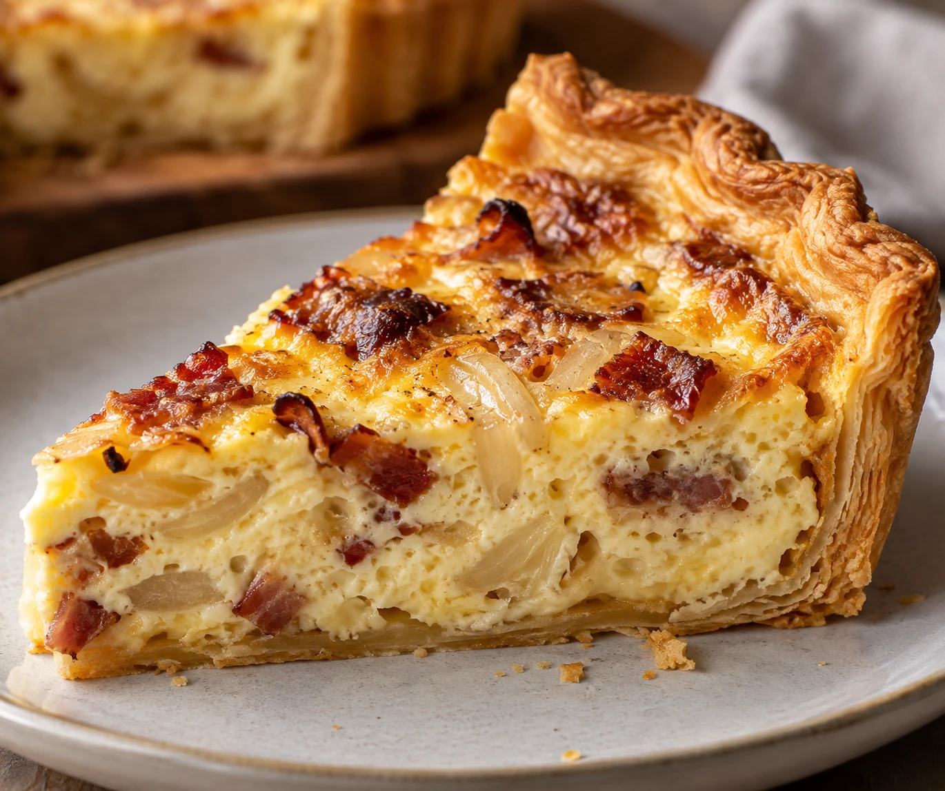 A close Quiche Lorraine wedge shows flaky pastry, softly set custard, bacon, tender shallots, and melted Gruyère.