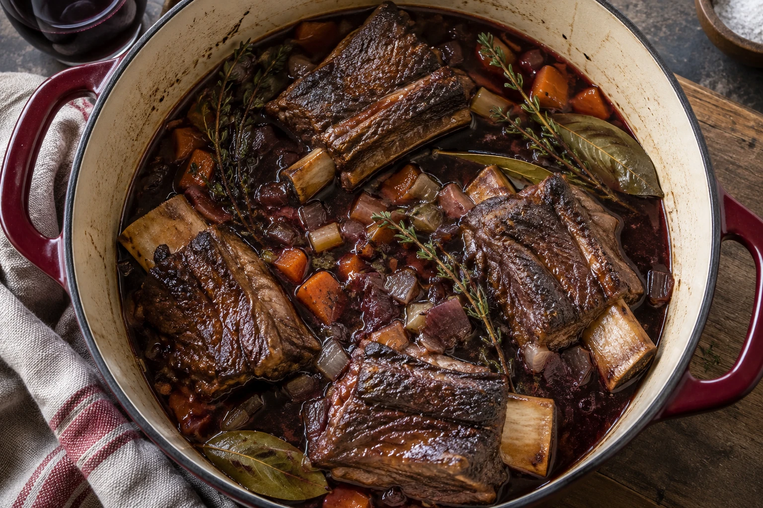 Browned bone-in short ribs sit in a Dutch oven with dark braising liquid, vegetables, thyme, and bay.