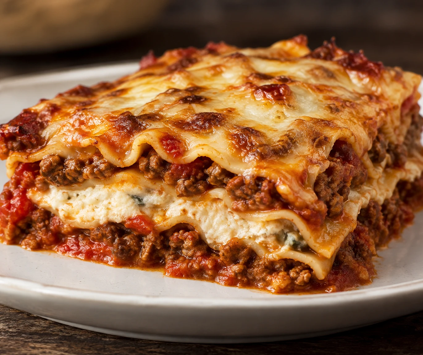 A cleanly cut lasagna slice shows pasta, beef tomato sauce, ricotta, and browned mozzarella layers.