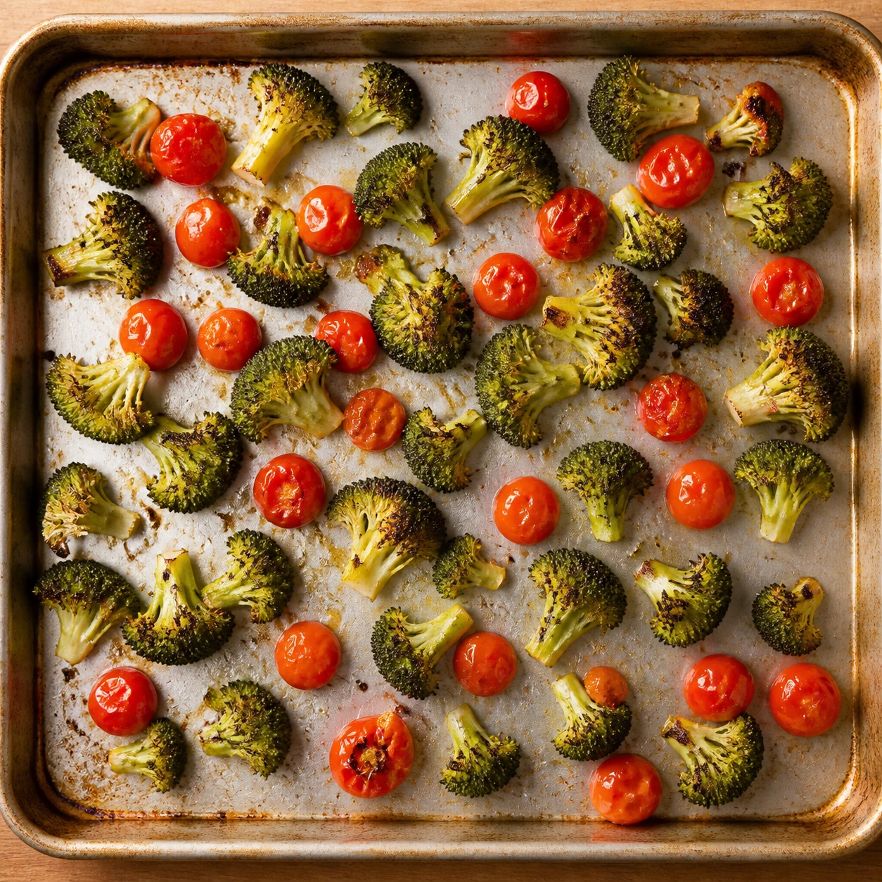 Broccoli florets and cherry tomatoes roast in a single layer on a sheet pan with browned edges beginning to form.