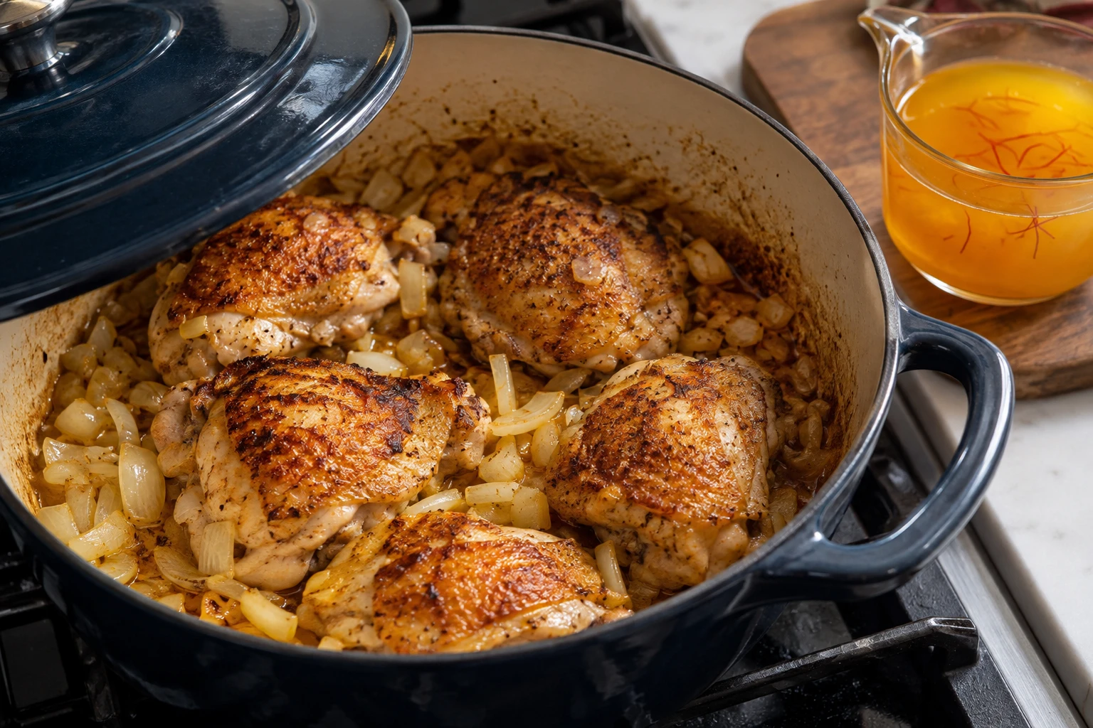 Spiced chicken browns before saffron stock is added for a covered braise.