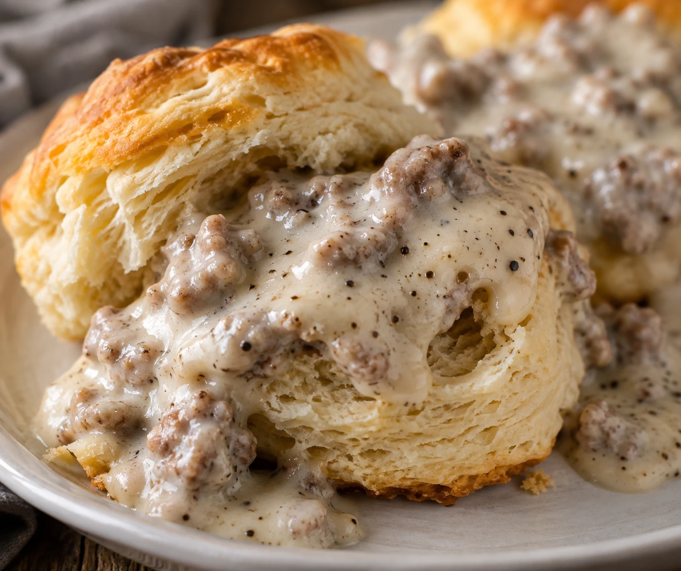A flaky biscuit's tender layers are visible beneath creamy pepper-speckled sausage gravy.
