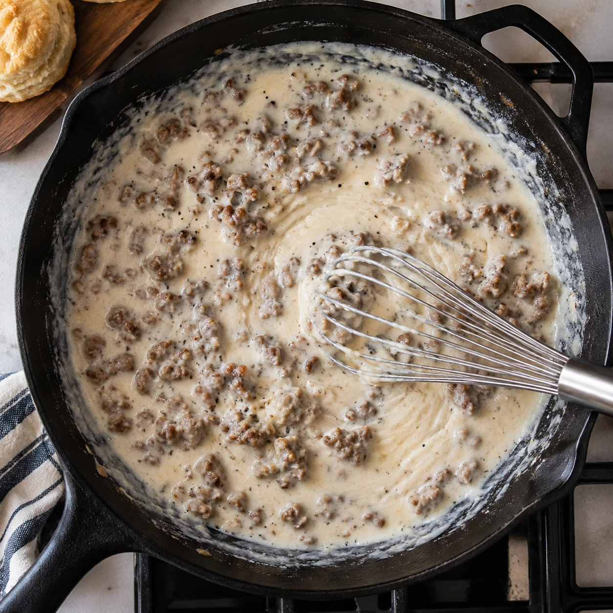 A whisk stirs milk into browned sausage crumbles in a skillet to form creamy gravy.