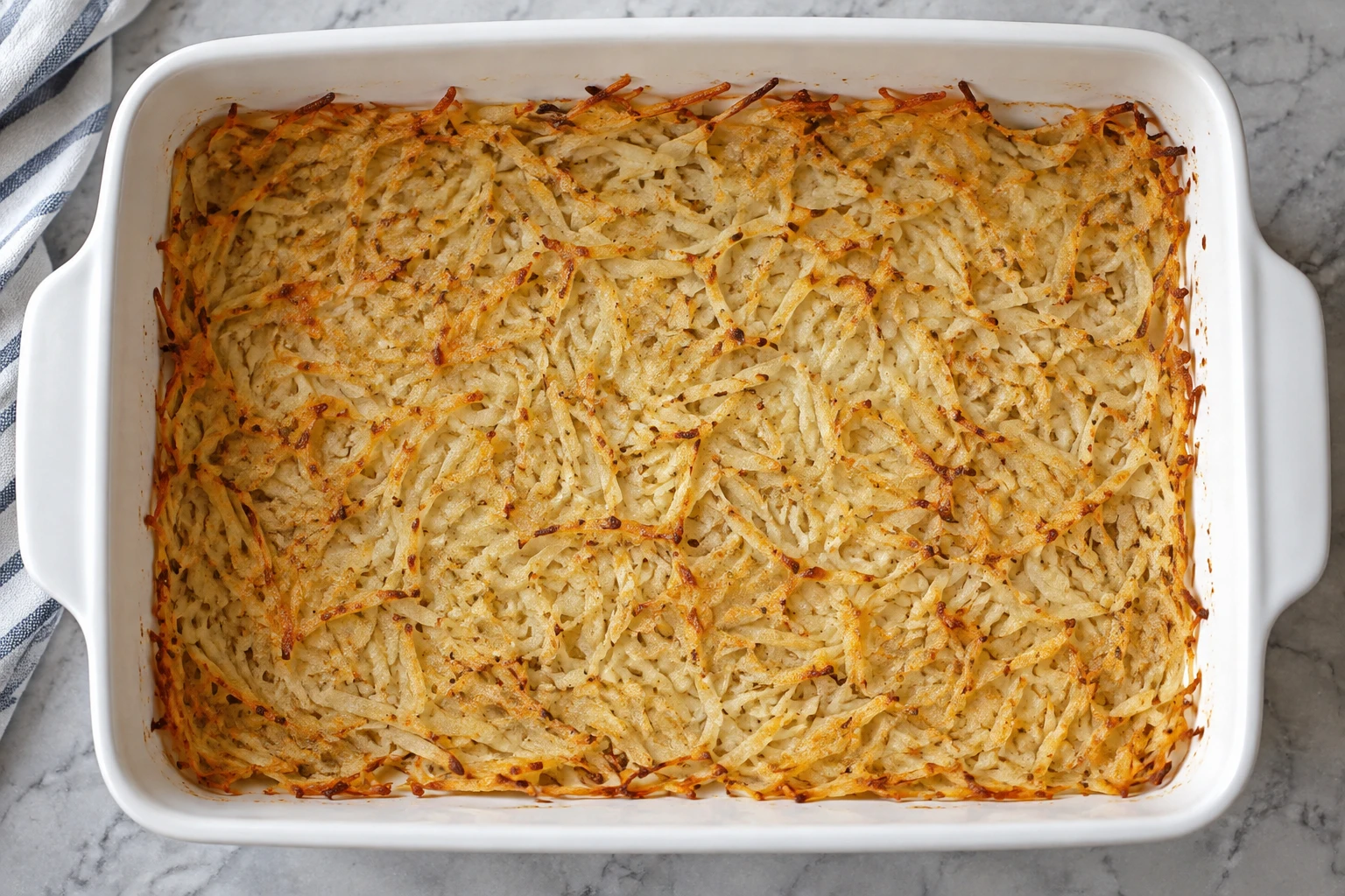 Precrisped shredded hash browns form a lightly golden, dry base in a buttered rectangular baking dish.