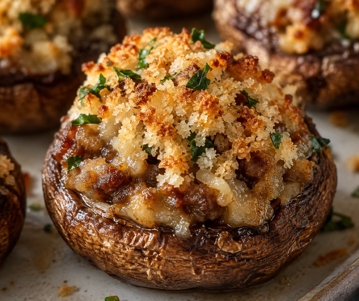 A close view shows the browned sausage filling and golden crumb topping inside a tender cremini cap.