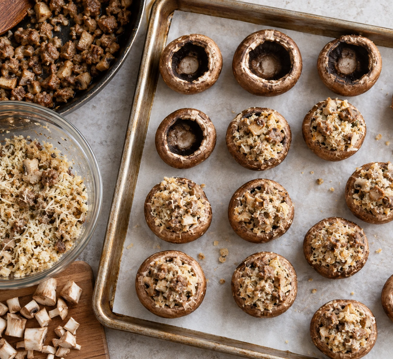 Cremini caps sit cavity-up on parchment beside a bowl of sausage, mushroom-stem, and crumb filling.