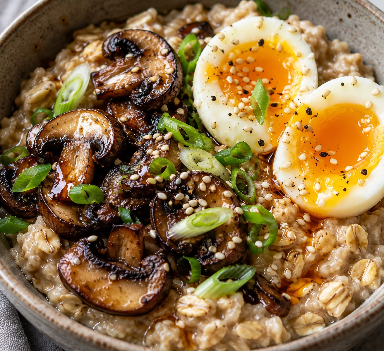 A soft egg yolk rests on miso oats with browned mushrooms and sesame toppings.