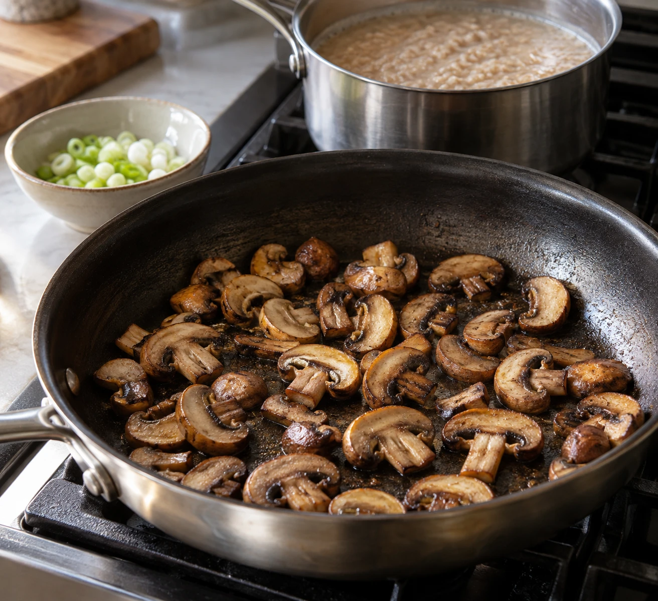 Cremini mushrooms brown in a wide skillet while textured oats simmer in a saucepan nearby.