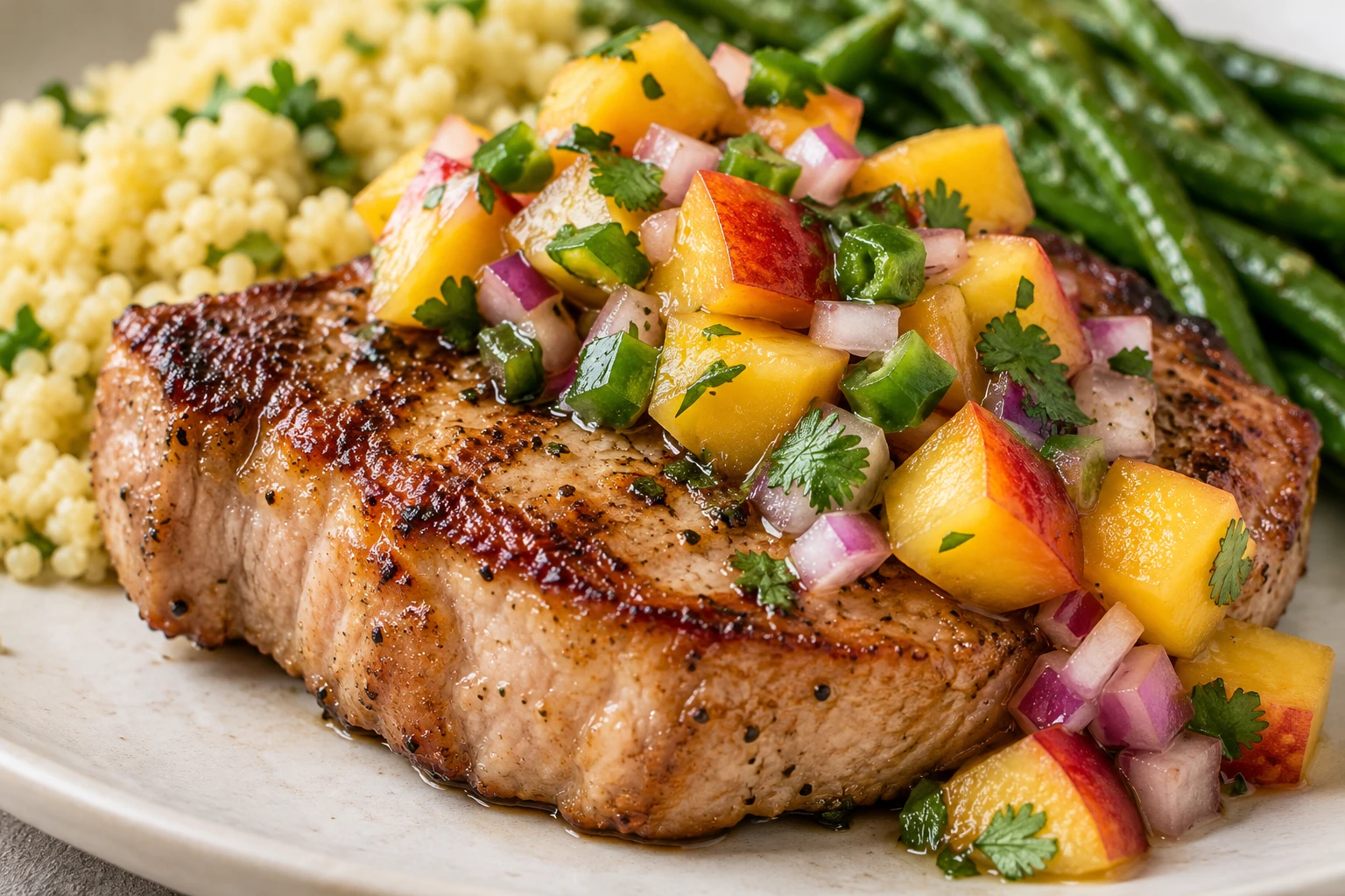 A browned pork chop topped with fresh peach salsa shows the contrast of savory crust and juicy fruit.