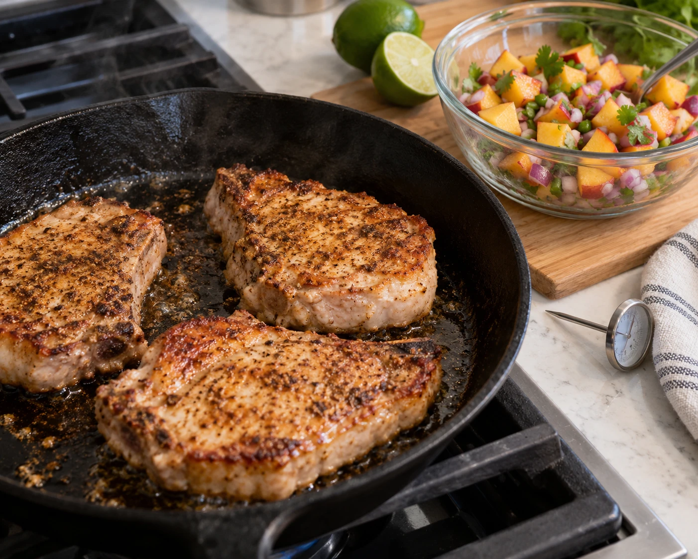 Pork chops sear in a skillet beside a bowl of uncooked peach, lime, and cilantro salsa.