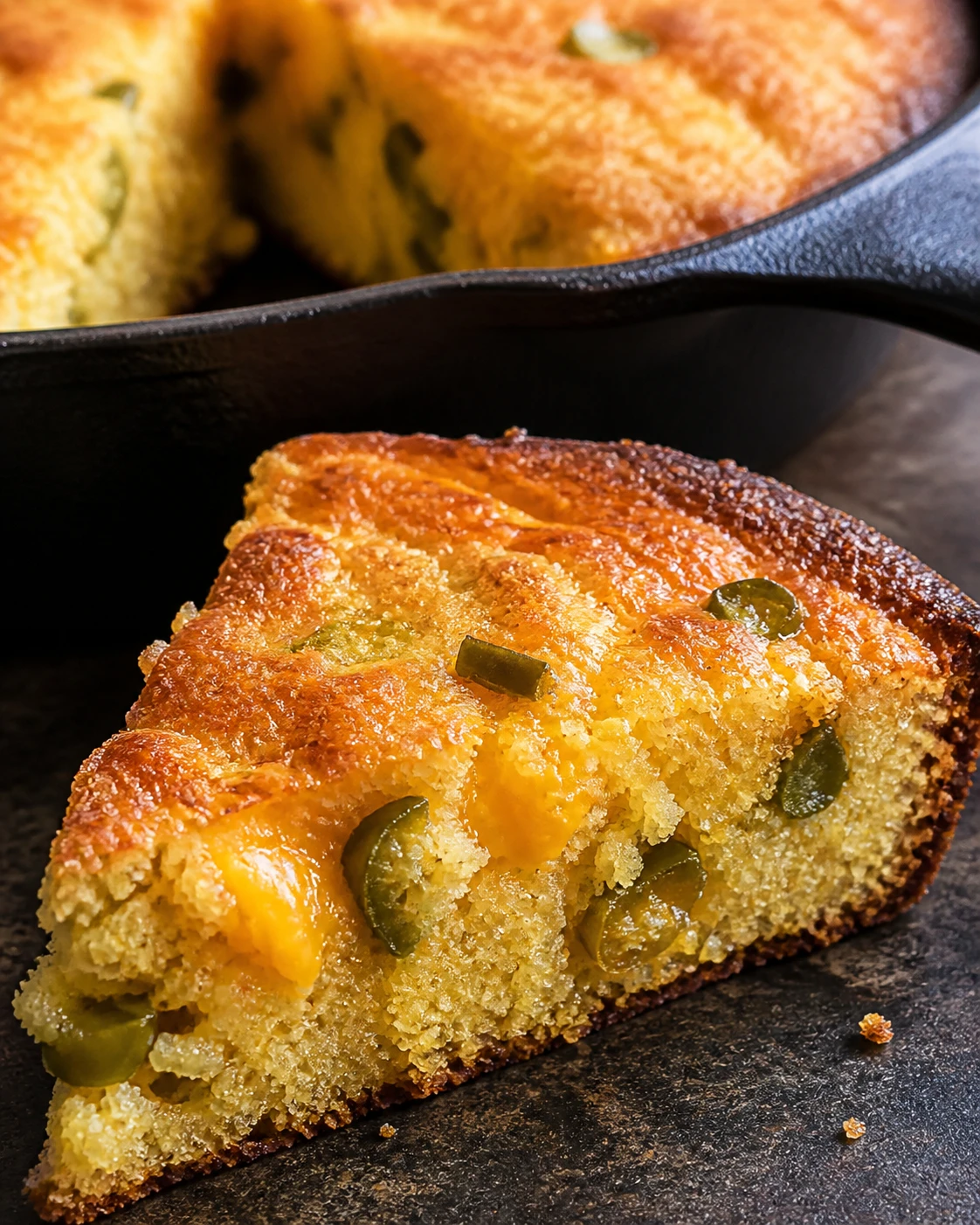A warm cornbread wedge shows its crisp browned edge, moist yellow crumb, melted cheddar, and diced jalapeño.