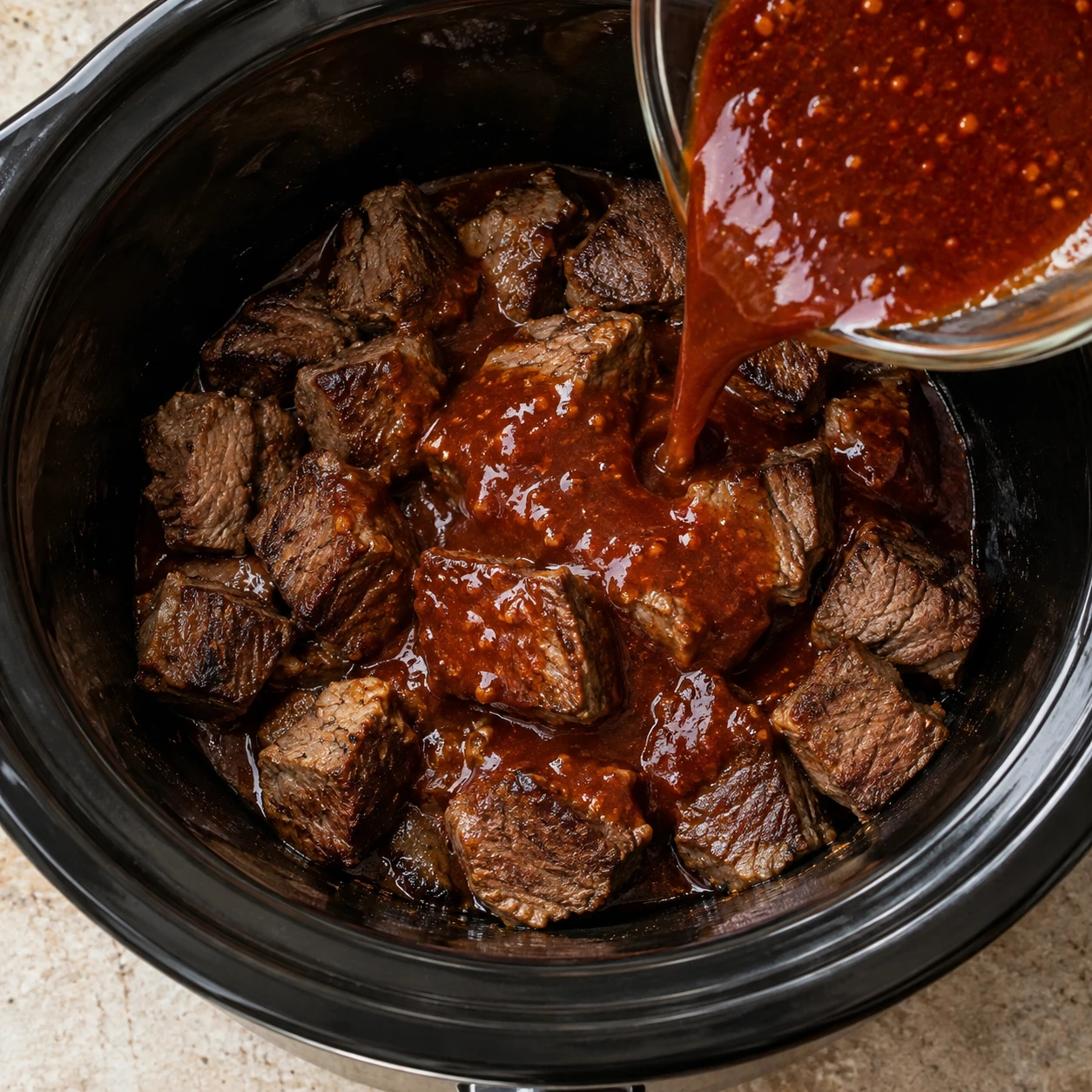 Browned beef chunks in a slow cooker are coated with a smooth red chipotle-citrus sauce.