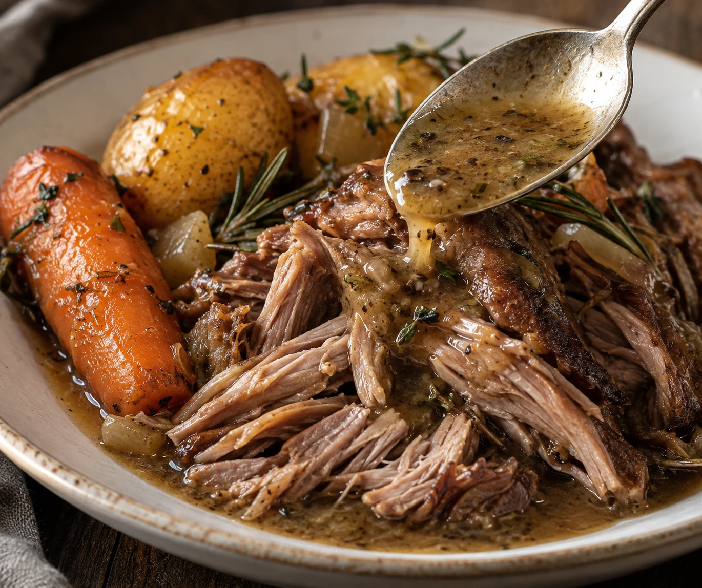 Tender shredded pork with herb gravy, a soft carrot, and a golden potato shows the finished texture.