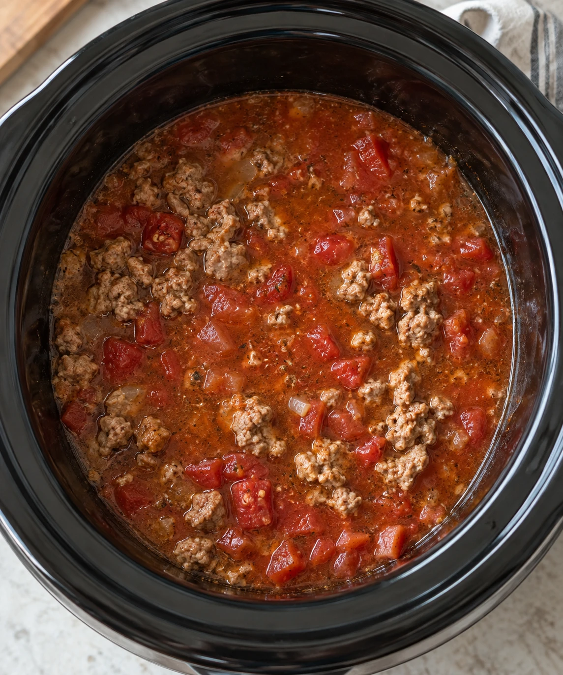 Browned Italian sausage, diced tomatoes, and broth sit in a slow cooker before the pasta is added.