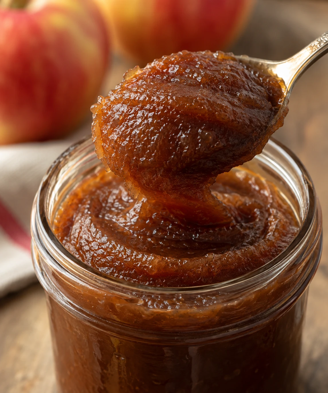 A spoon lifts thick glossy apple butter above an open jar, showing its smooth spreadable texture.