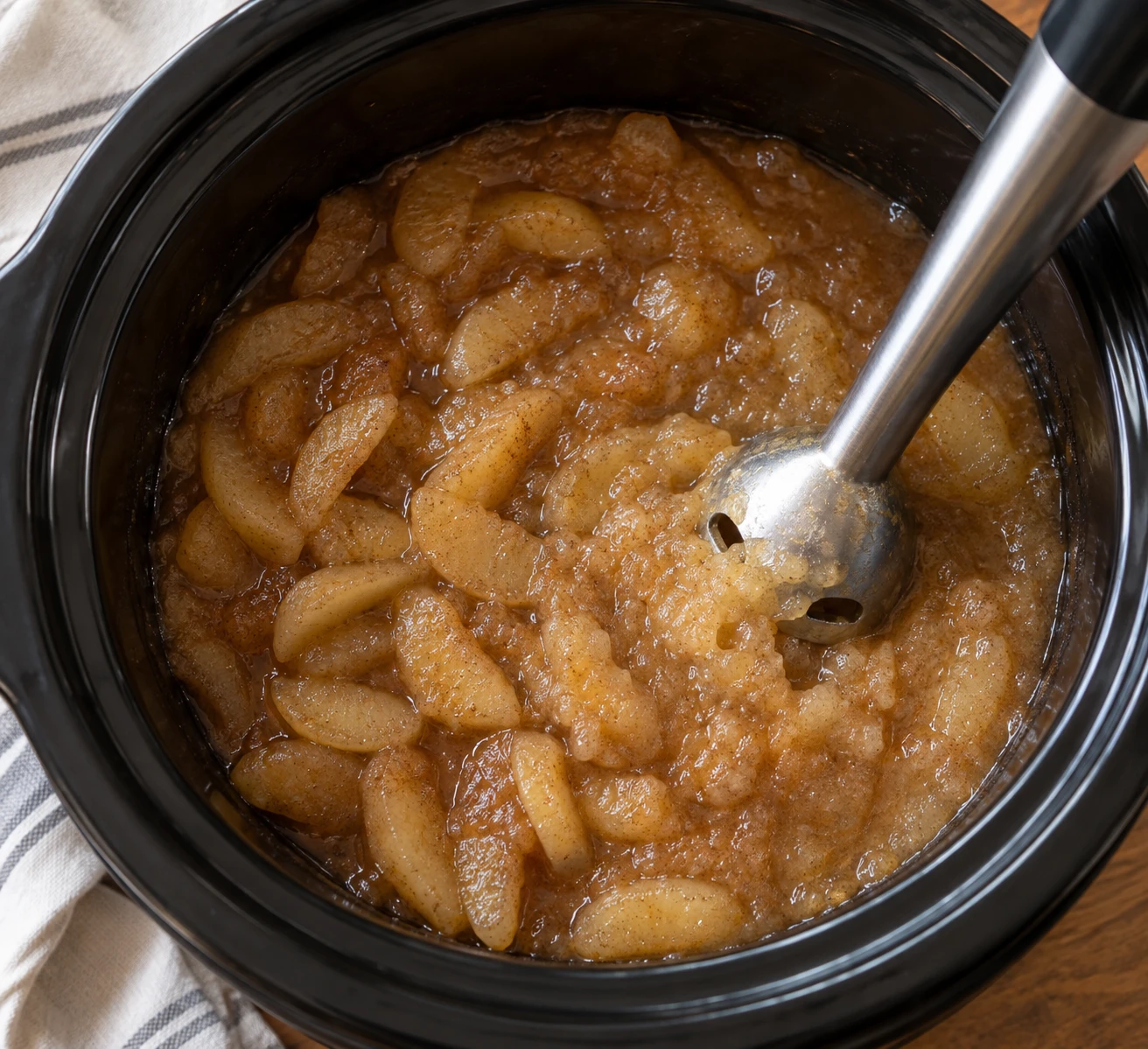 Softened spiced apples in a slow cooker are partially pureed with an immersion blender at the ready-to-blend stage.