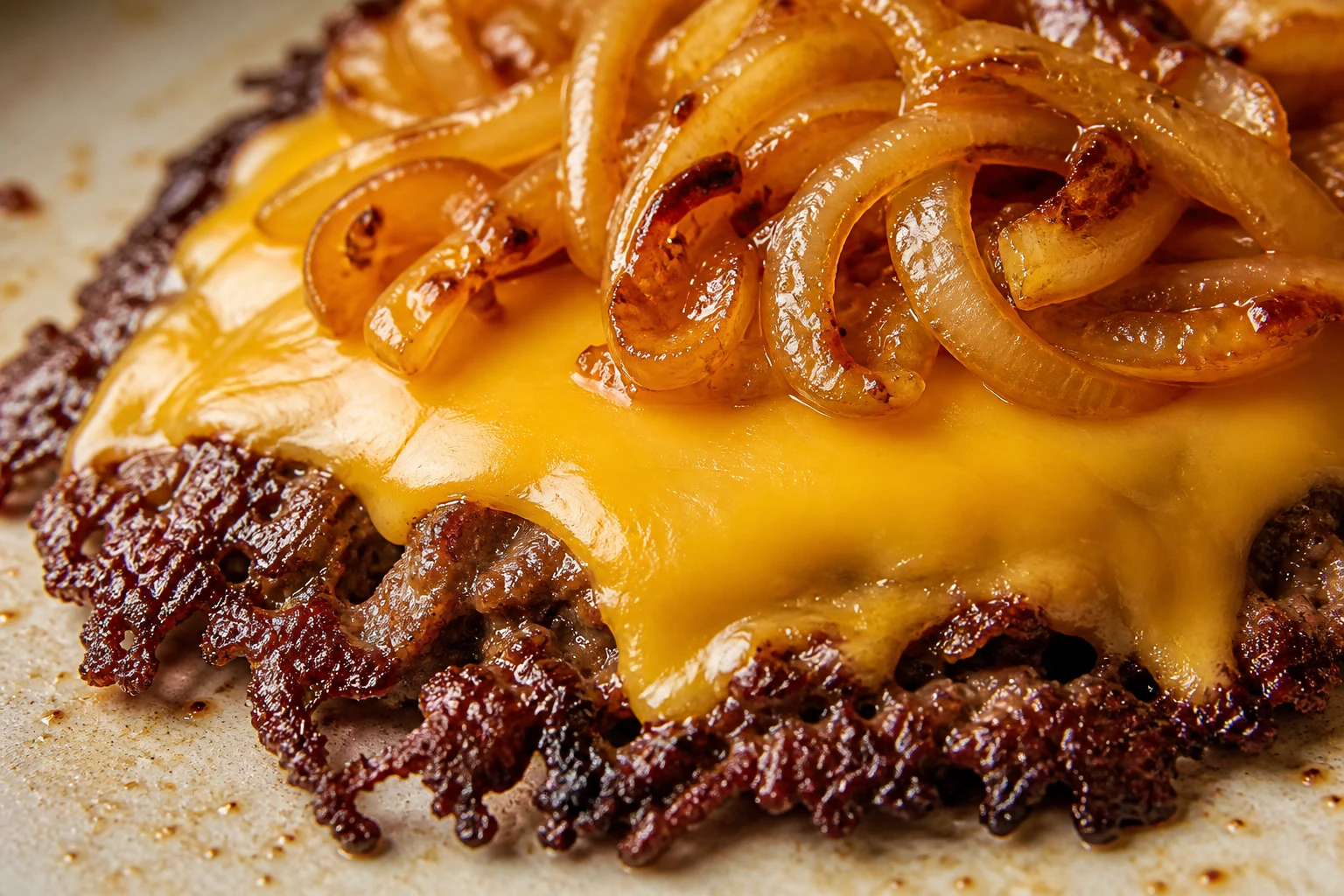 Melted American cheese drapes over a lacy browned burger edge with golden cooked onions.