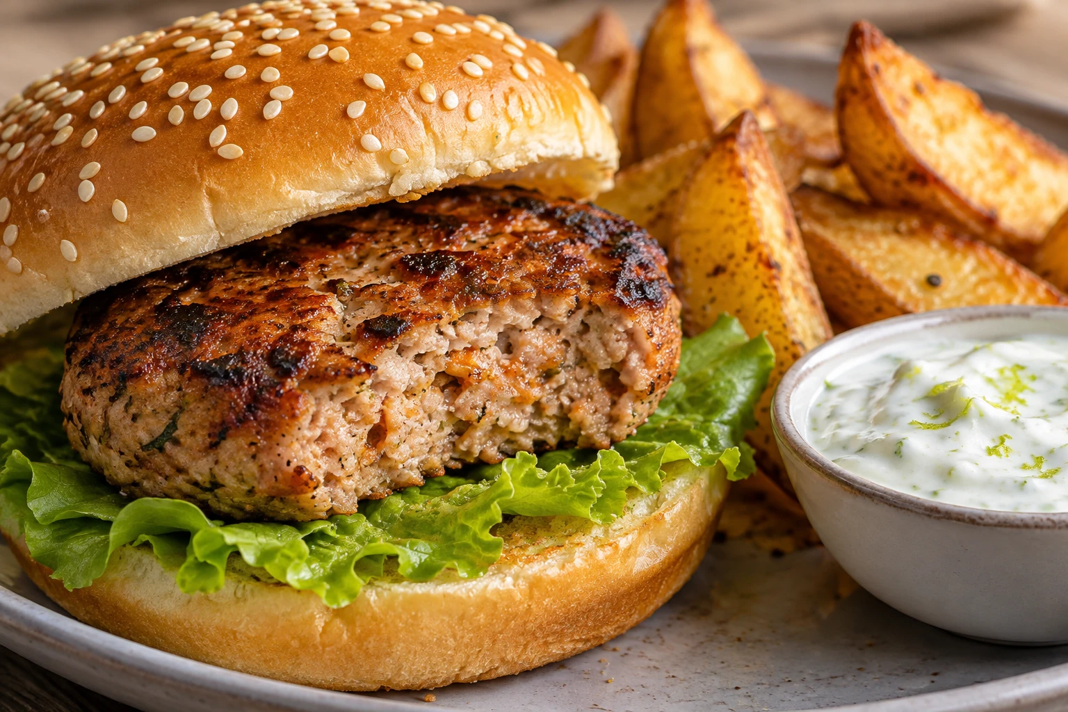 A browned pork burger shows a juicy center next to roasted potato wedges and tangy dip.