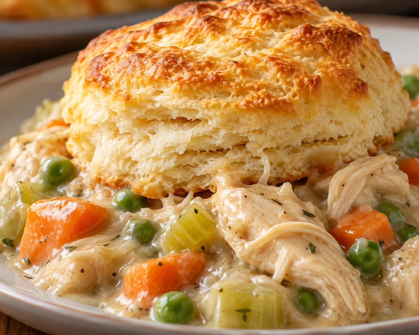 A risen golden biscuit reveals a tender crumb above thick chicken and vegetable gravy.
