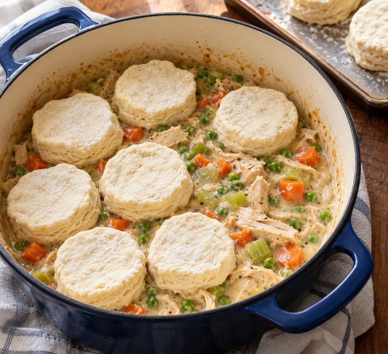 Chicken and vegetables simmer in milk gravy as cut buttermilk biscuits wait nearby.