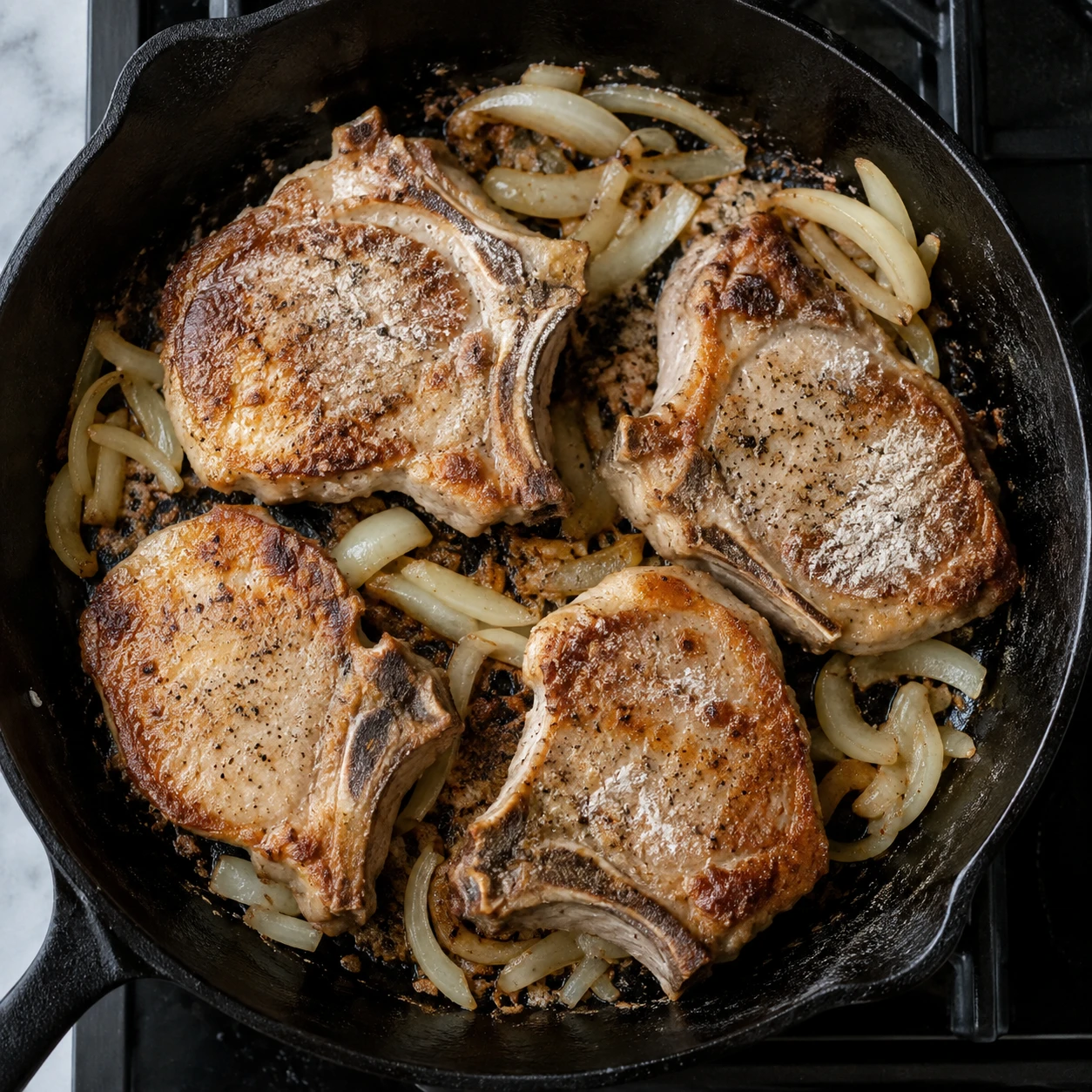 Lightly floured pork chops brown in a skillet before onion gravy is made.