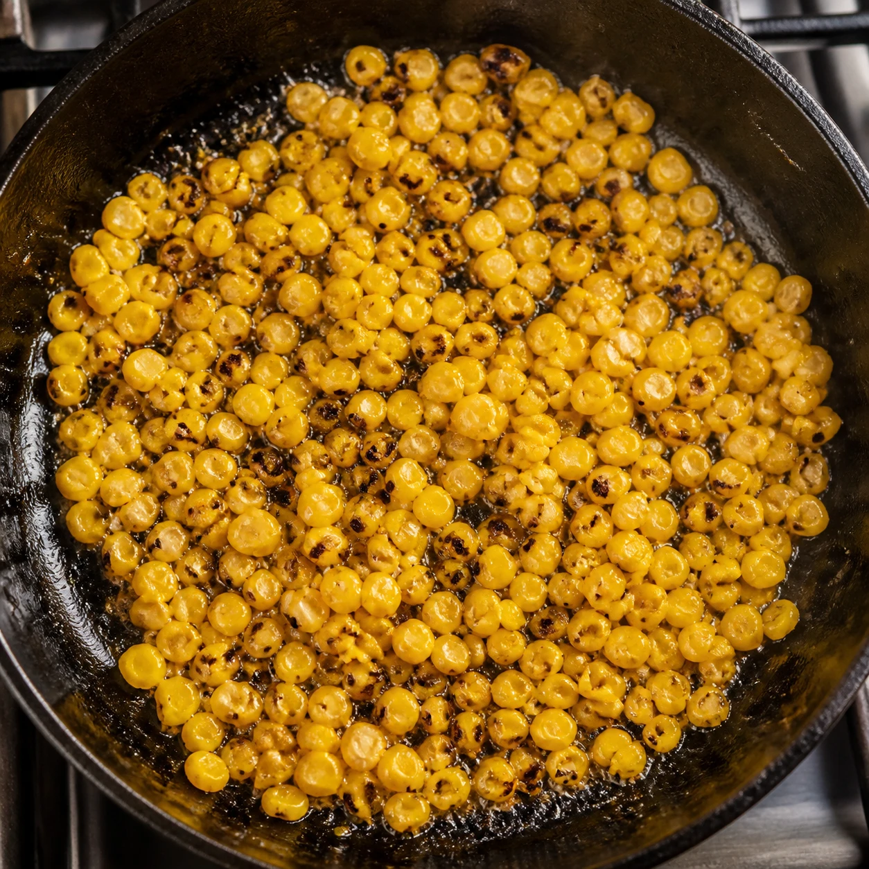 Corn kernels develop browned smoky patches in a hot cast-iron skillet.