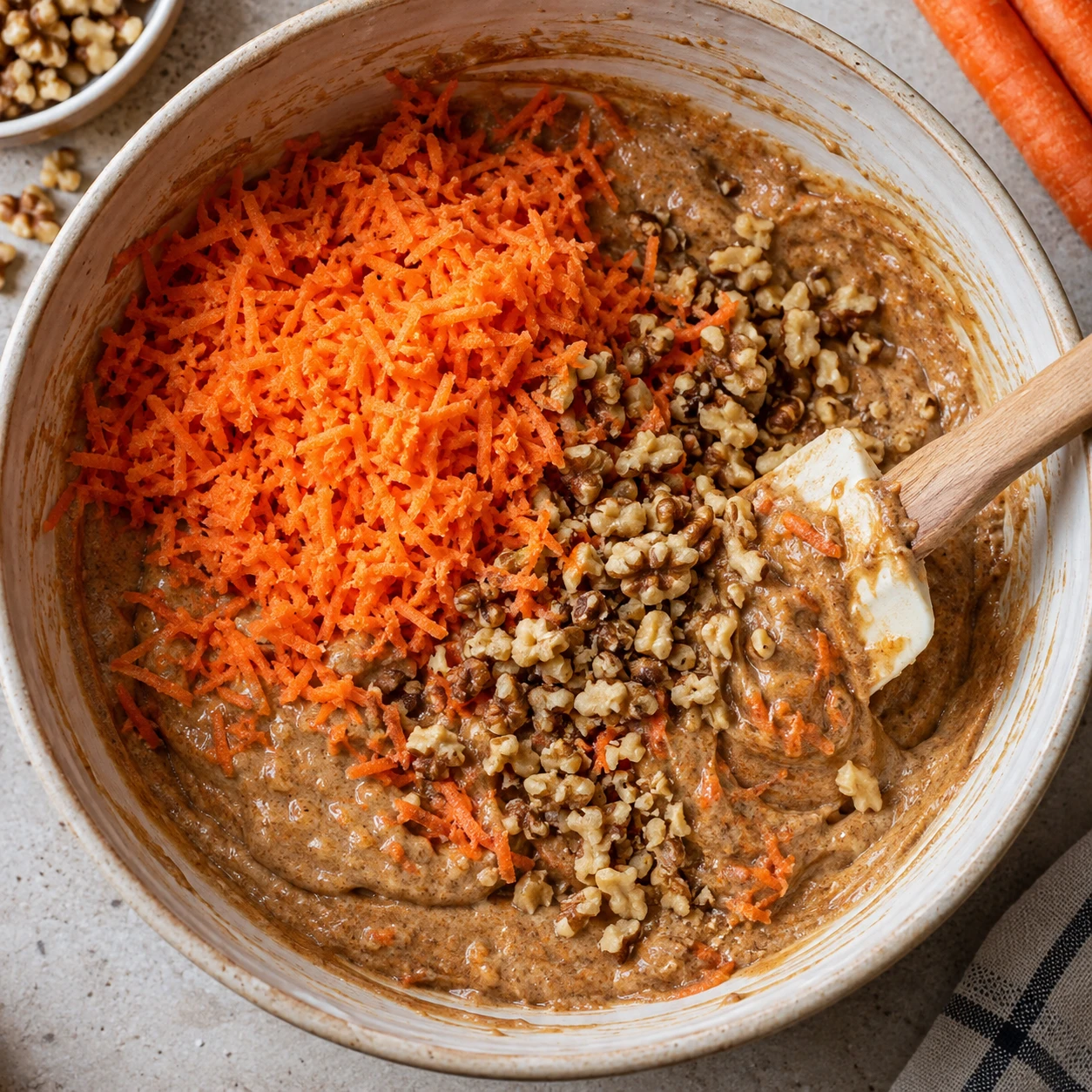 Fine carrot shreds and toasted chopped walnuts are folded into spiced cake batter in a mixing bowl.