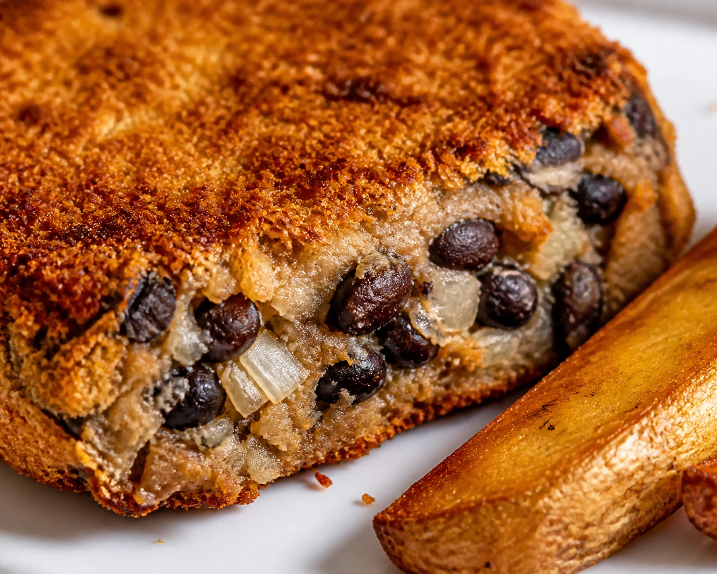 The crisp panko crust and black bean-onion interior of a burger sit next to a golden potato fry.