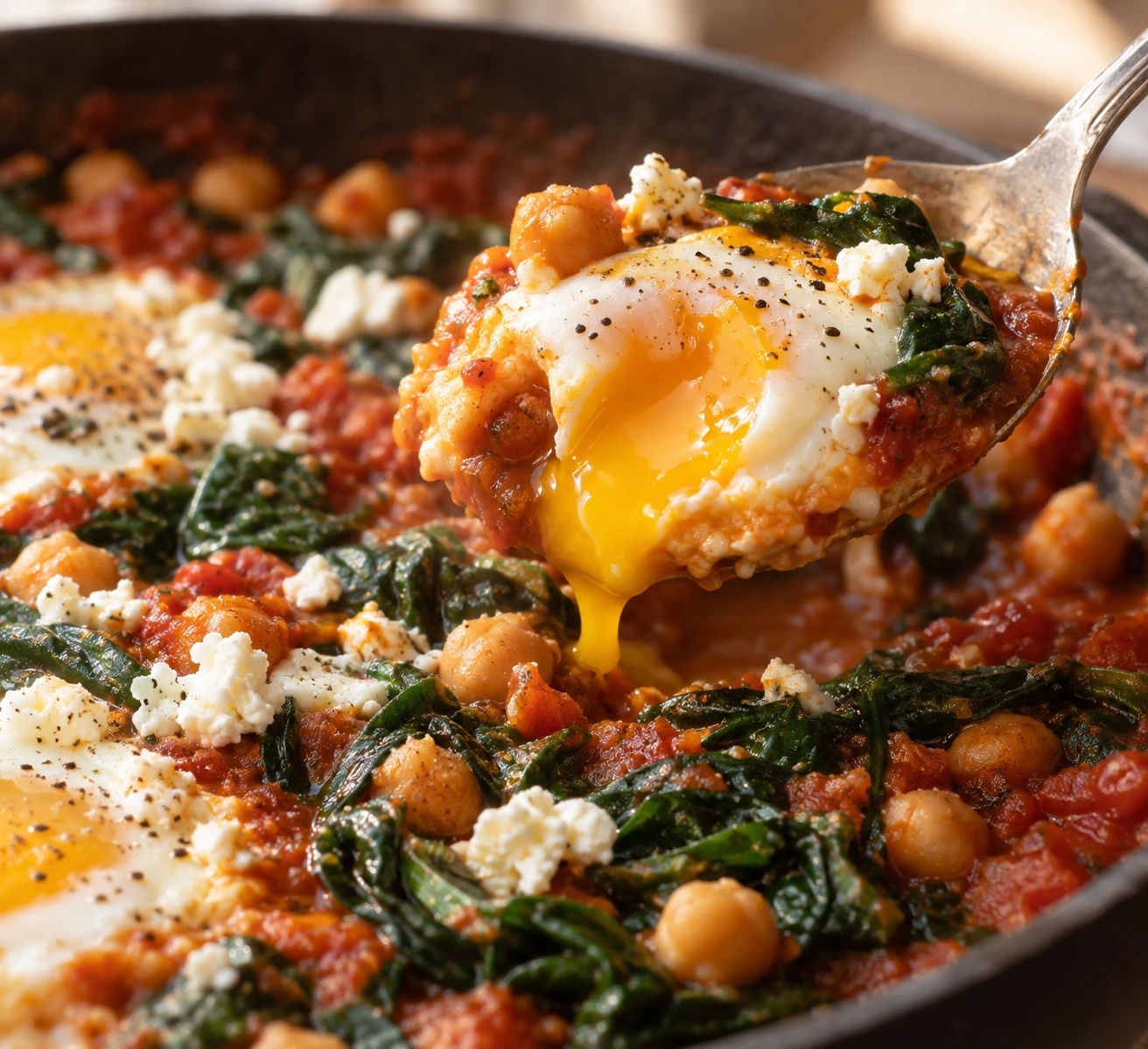Soft yolk runs into thick tomato chickpea sauce beside wilted spinach and crumbled feta.