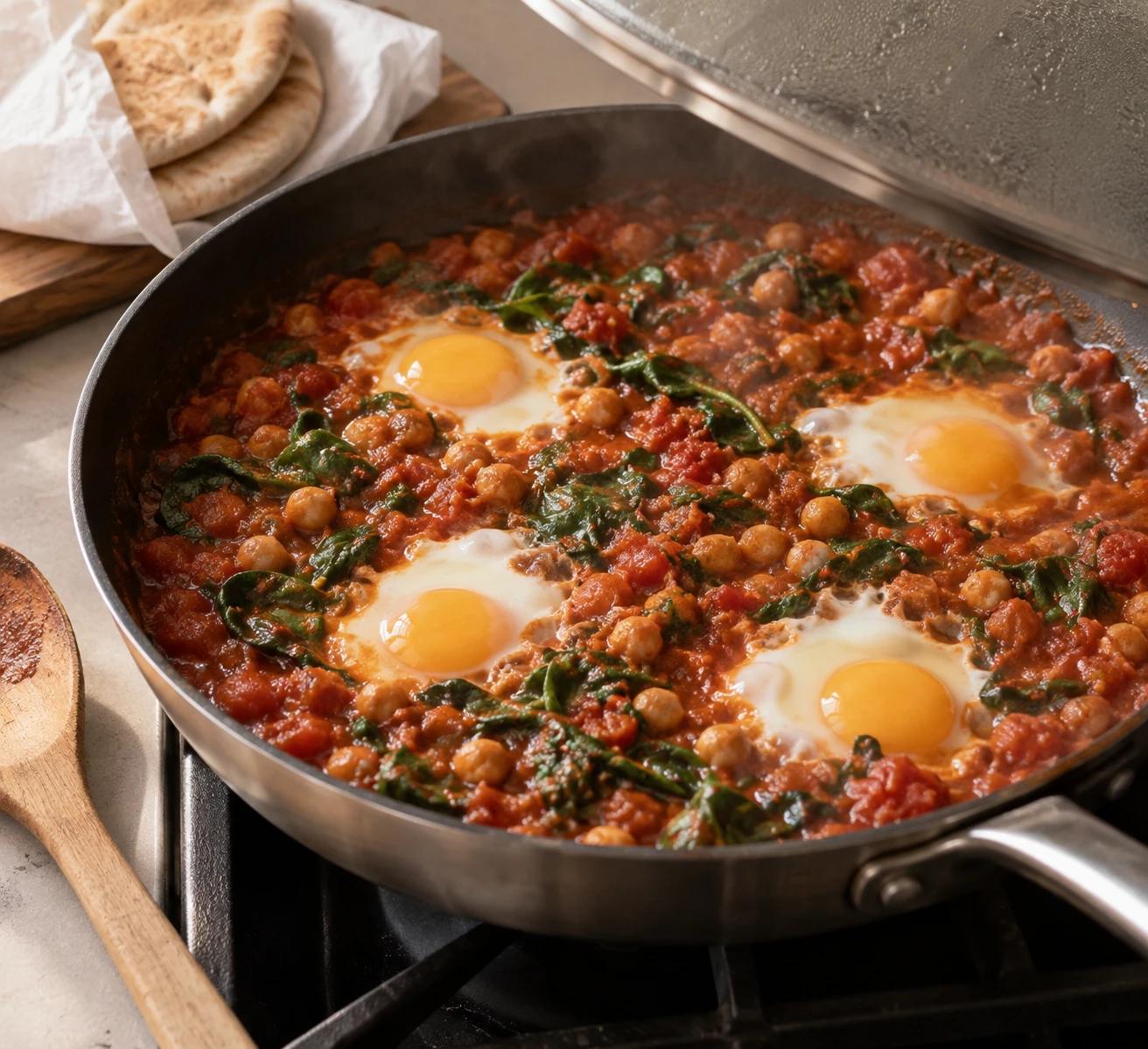 Eggs begin to set in shallow wells of tomato chickpea sauce and wilted spinach in a skillet.