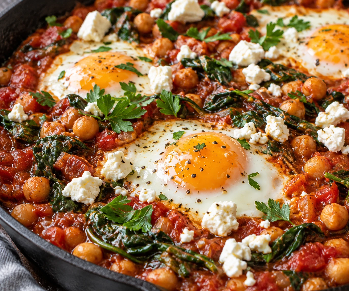 Glossy soft yolks and set whites rest over chickpeas and spinach beneath feta and parsley.