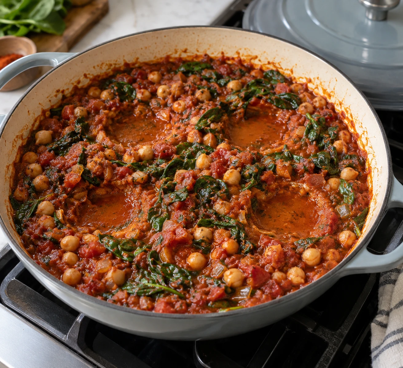 Thick chickpea and spinach tomato sauce holds shallow wells in a skillet before eggs are added.