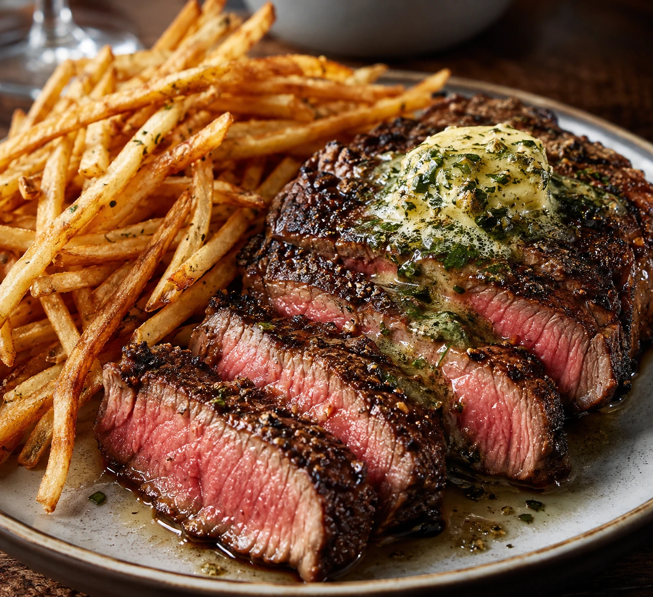 Savory herb butter melts over a dark-crusted, rosy sliced sirloin beside thin, deeply golden crisp fries.