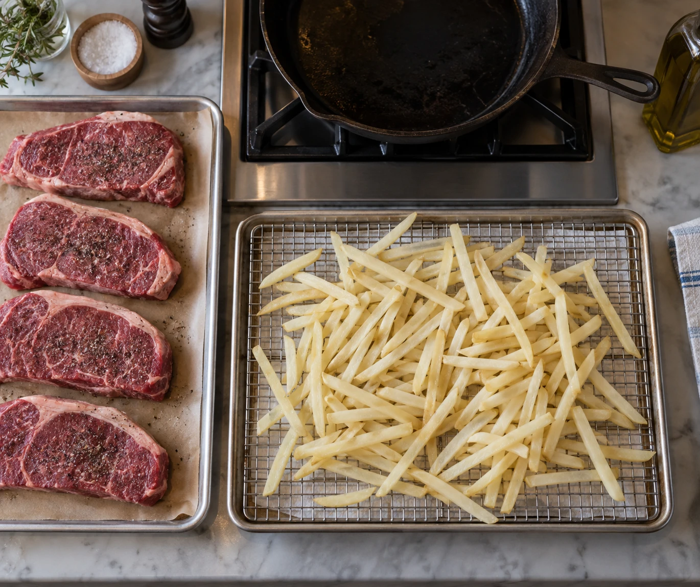 Pale first-cooked shoestring fries drain on a rack while four seasoned sirloin steaks wait beside a heavy skillet.