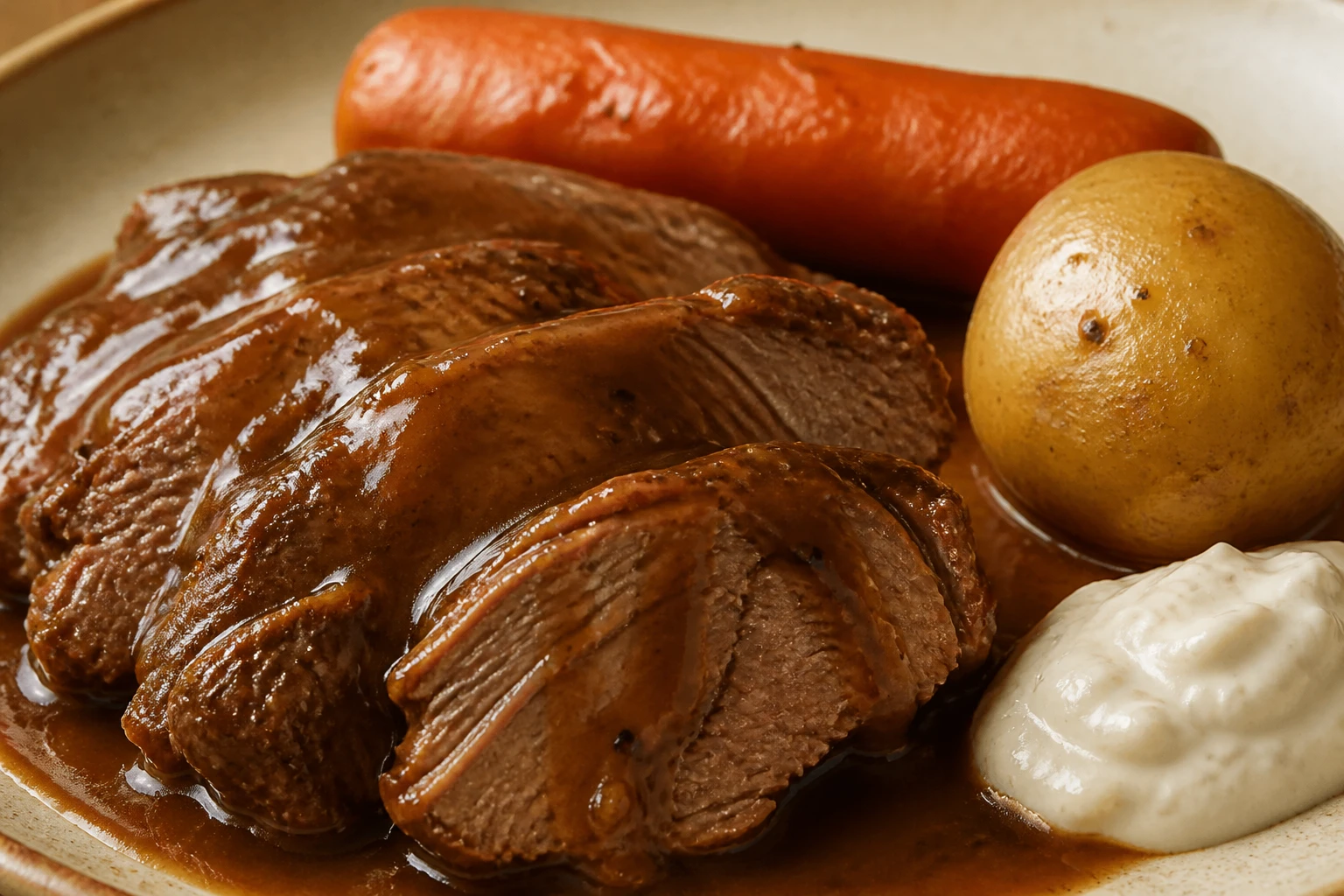 Tender slices of pot roast in glossy gravy sit beside an intact carrot, potato, and creamy sauce.