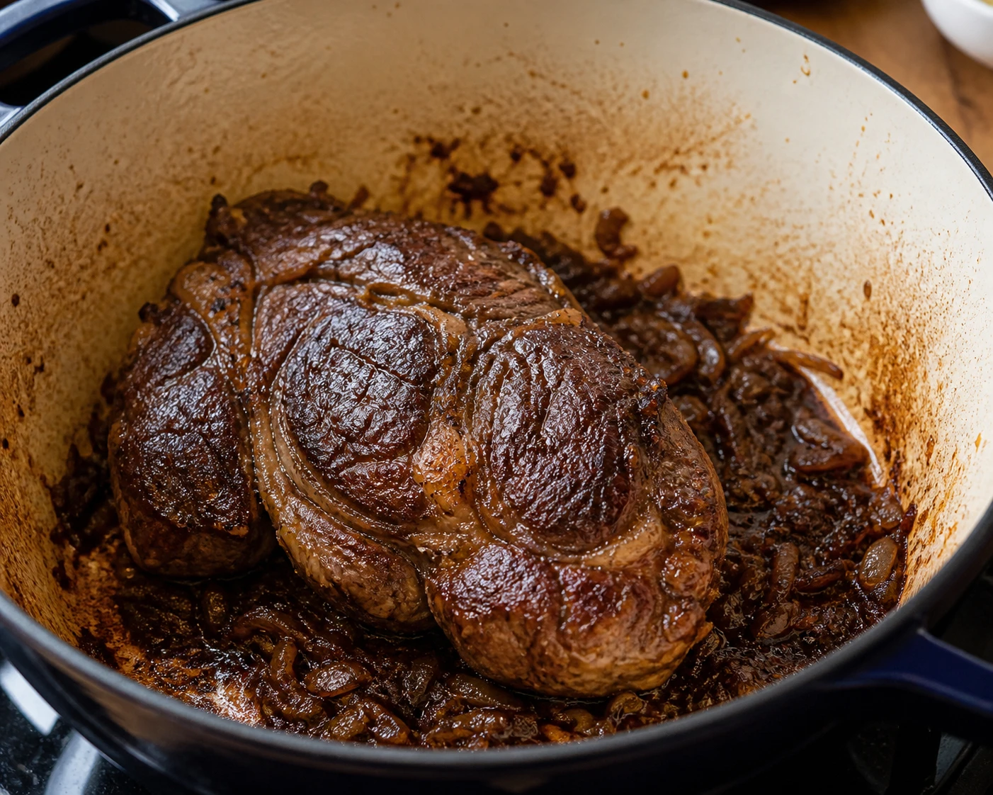 A deeply seared chuck roast rests over dark caramelized onions in a Dutch oven before braising.