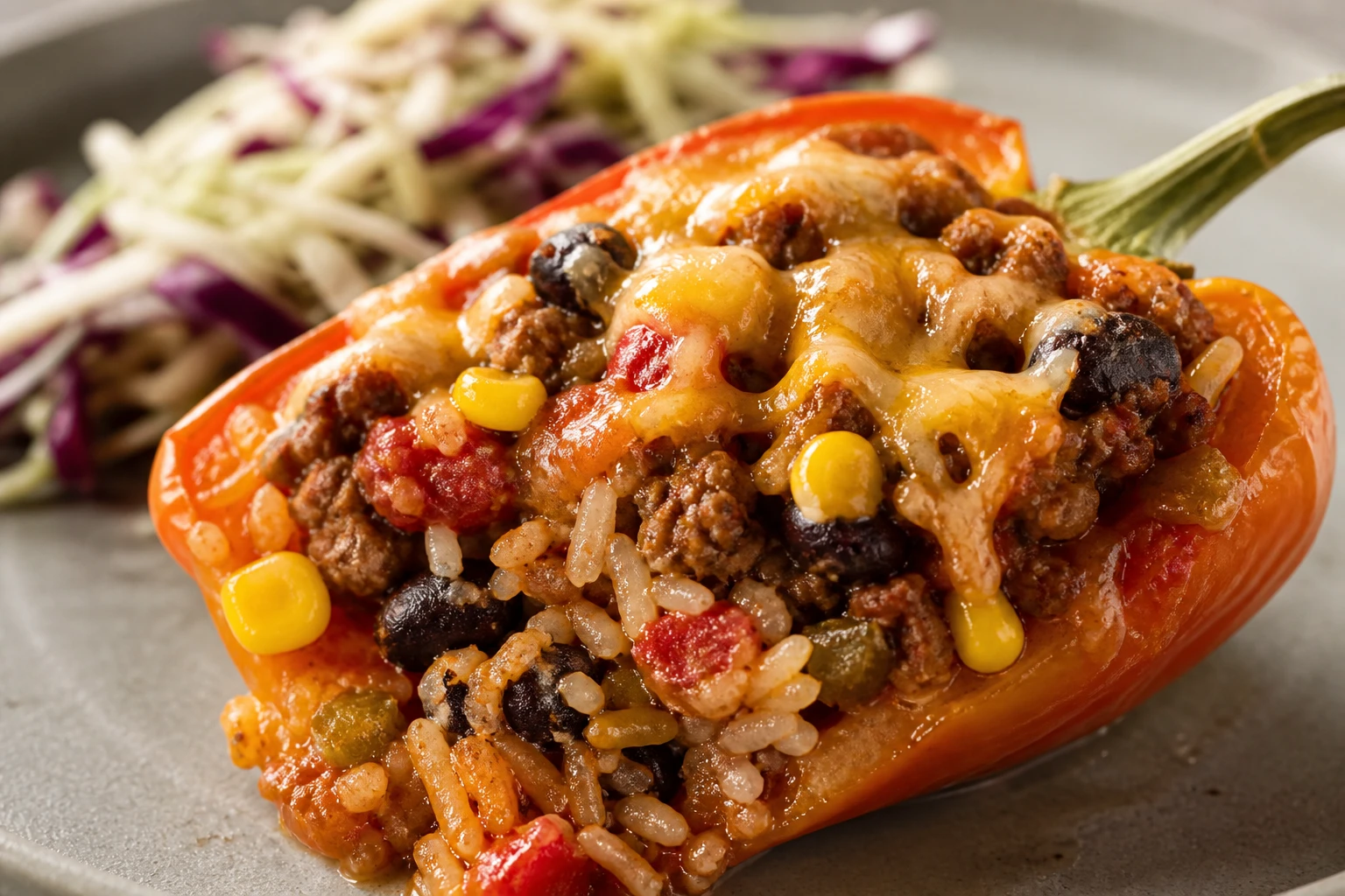 A cut stuffed bell pepper reveals distinct rice, browned beef, beans, corn, green chiles, and melted cheese.